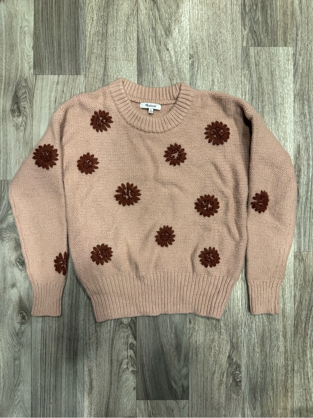 Madewell Dusty Rose Crewneck Sweater with Rust Floral Embroidery - Picture 2 of 6